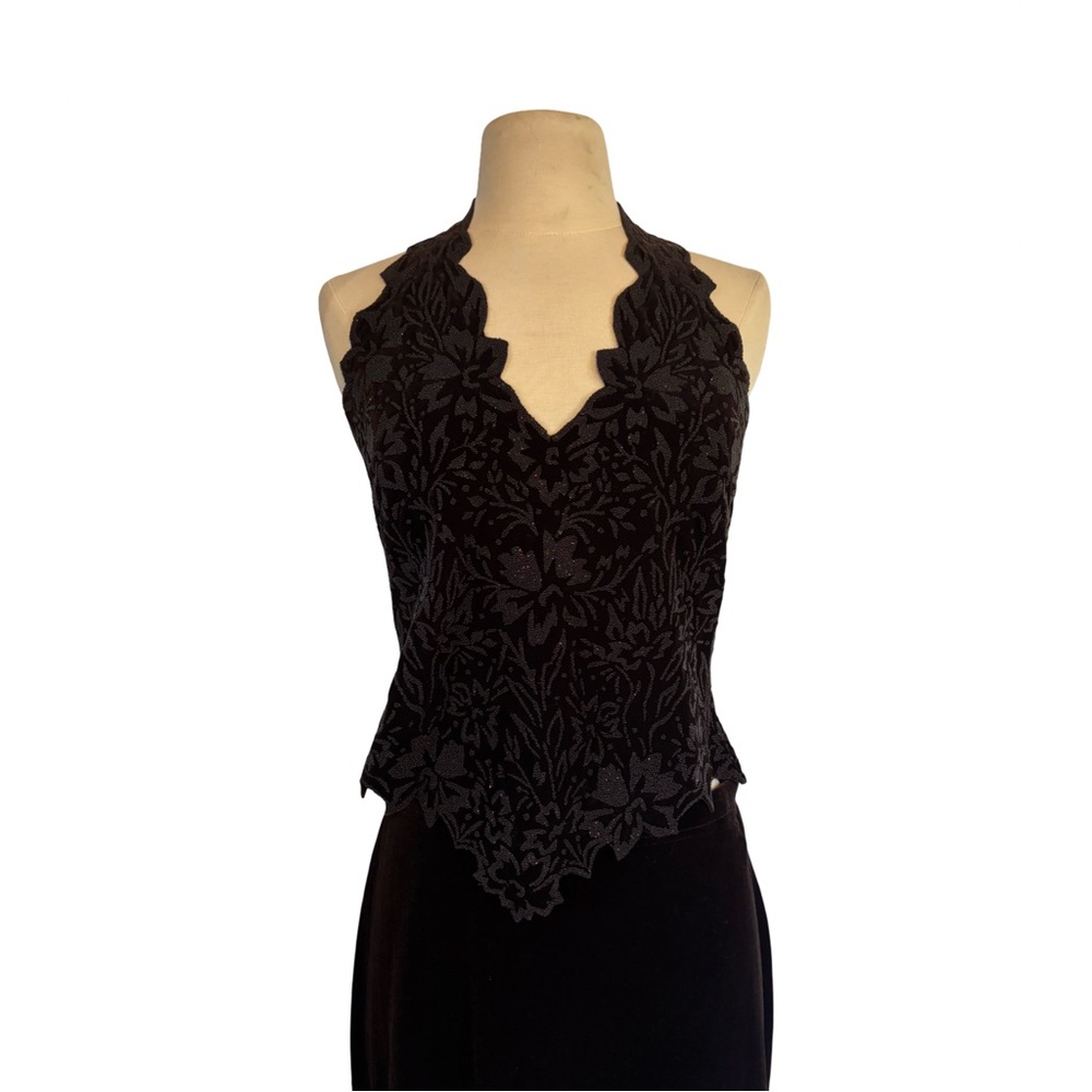 Chic Chocolate Brown Velvet Floral Halter Blouse